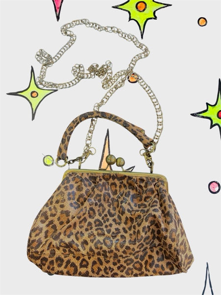 Vegan Leather Leopard Print Kiss Lock Crossbody Bag Rockabilly Punk Glam