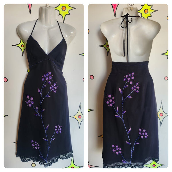 Vintage 90s Y2K | Black Silk Beaded Fairy Grunge Halter Midi Slip Dress | Small