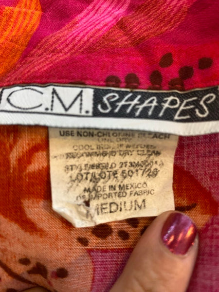 90s Hot Pink Hawaiian Sherbet Print Button Up Blouse Tropical Kitsch Retro L