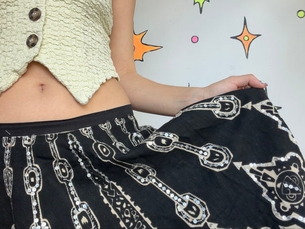 Vintage Cotton Whimsy Goth Circle Skirt Beaded Twirl Skirt Boho Fairy Grunge M