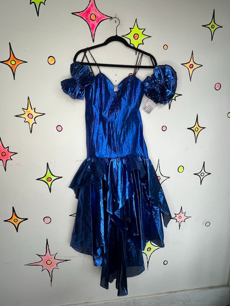 Vintage 80s Blue Metallic Party Dress Glam Poofy Prom New Wave Gown M