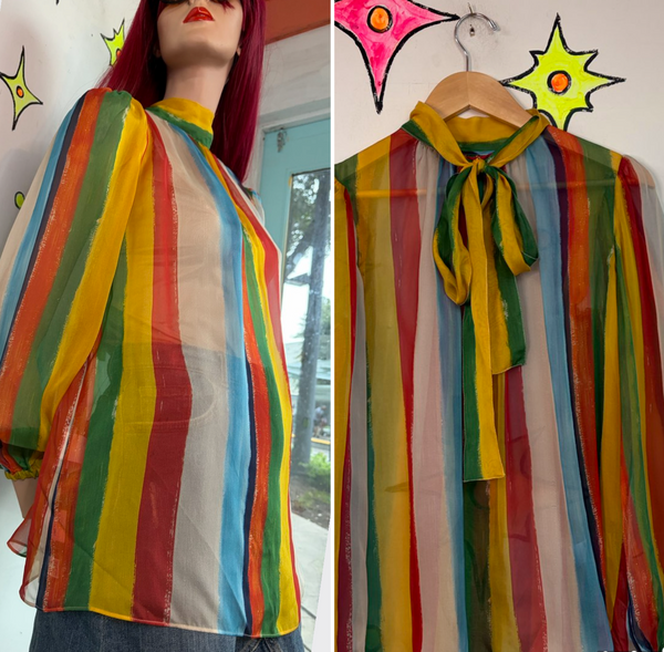 Archival 2002 Dolce & Gabbana Silk Rainbow Stripe Bow Blouse Circus Clowncore ML