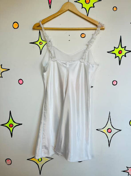 Vintage 90s Y2K White Satin Lace Fairy Grunge Beaded Mini Slip Dress | Size M