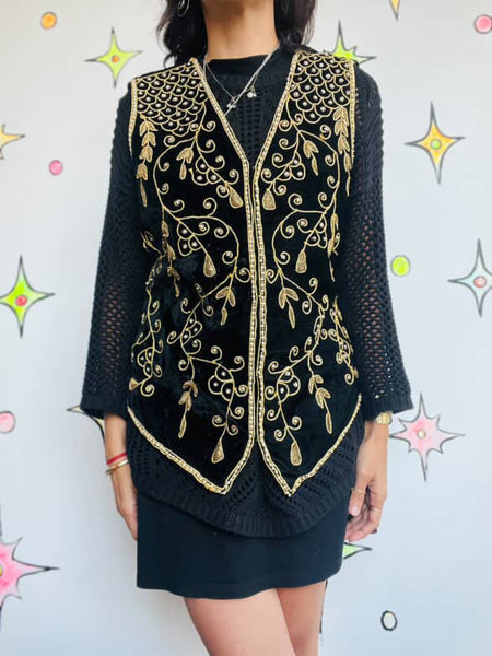 Vintage 80s 90s Black & Gold Embroidered Beaded Velvet Boho Vest - Size L