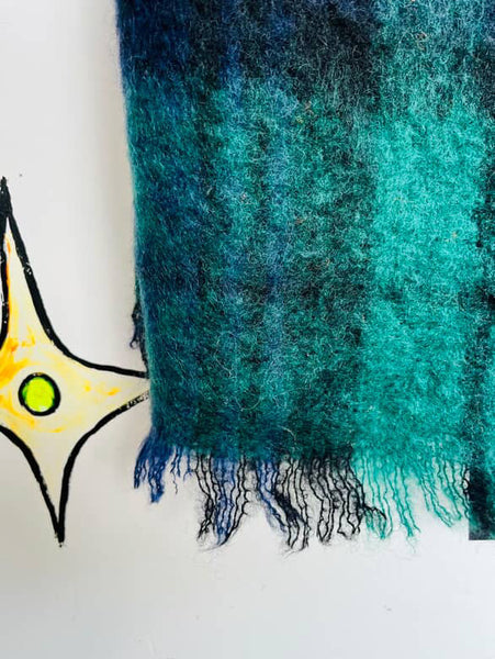 Vintage Fuzzy Tartan Scarf Navy & Green Emo Grunge Mohair Wool Oversized Wrap