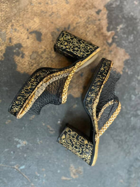 Vintage 40s Black Embellished Peeptoe Platform Heels - 40s Glam Shoes - 7 - 7.5