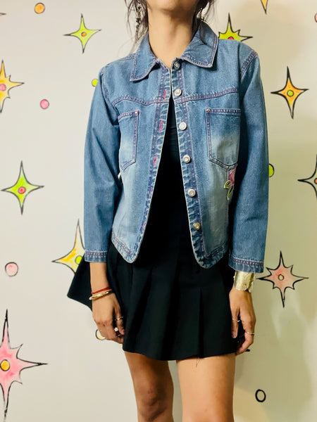 Vintage Y2K Embellished Denim Jean Jacket | ANGEL Roses Patches | Coquette | S
