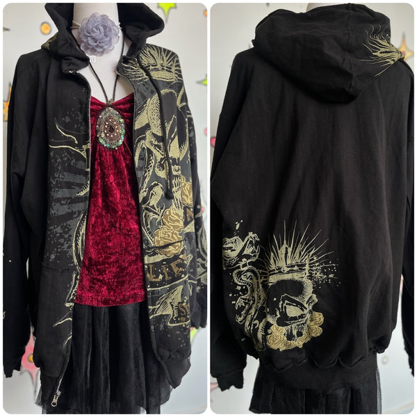 Vintage Y2K Black Mall Goth Grunge Fairy Tattoo Print Affliction Style Hoodie XL+