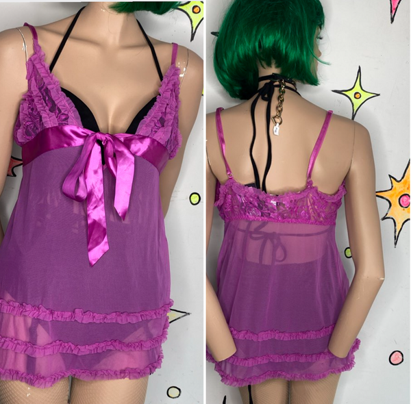 Fuchsia Pink Lace Babydoll Slip Dress Fredericks of Hollywood Y2K L