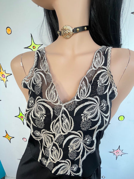 Black Slip Dress w Embroidered Lace – Grunge Lingerie Fairy Goth Party Mini S/M