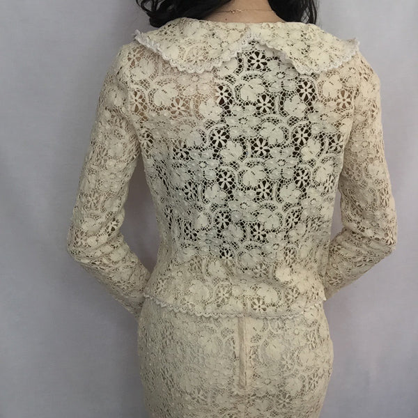 Vintage 40s 1950s | Off White Lace 2 Piece Suit Set Dress | XS