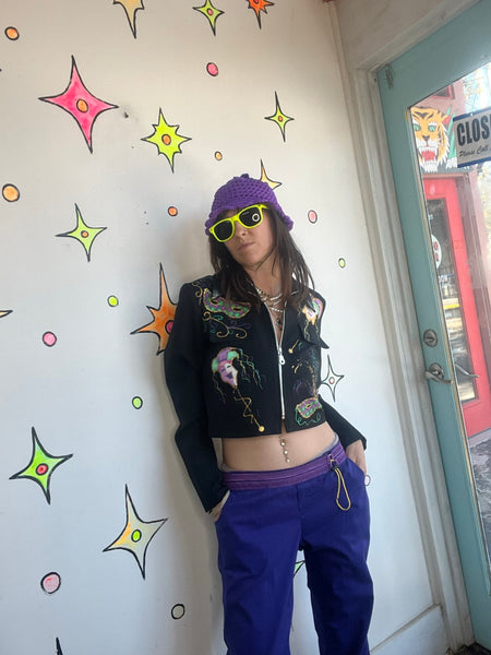 Vintage 80s90s Mardi Gras Cropped Blazer Wearable Art Avant Garde Party Jacket M