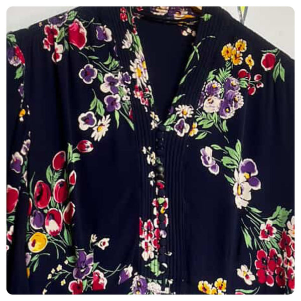 1940s Navy Floral Print Secretary Dress Stunning True Vintage Boho Grunge - M L