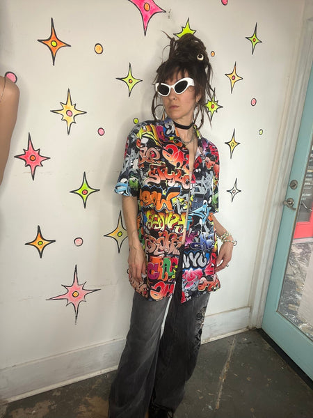 Vintage Graffiti Shirt Retro Y2K Pop Art Rainbow Top 90s Abstract Disco XL