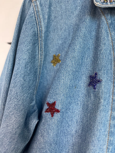 Vintage 90s CHICO’S Embellished Denim Jacket – Boho Grunge Jean Jacket – S-M