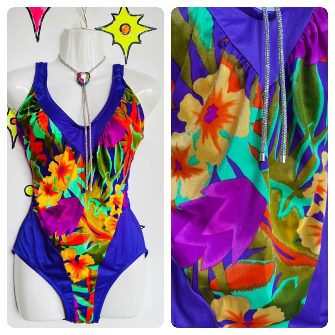 Vintage 70s 80s | Rainbow Hawaiian Day Glo One Piece Swimsuit Bodysuit | M L