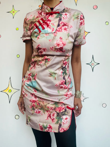 Pink Geisha Dress Cherry Blossom Floral Print Japanese Fairycore Grunge Mini SM
