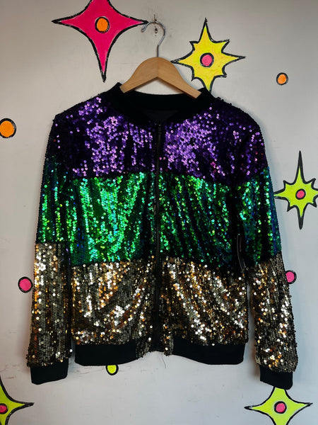 Vintage Sequin Bomber Jacket | Retro Mardi Gras Party Glam Maximalist M