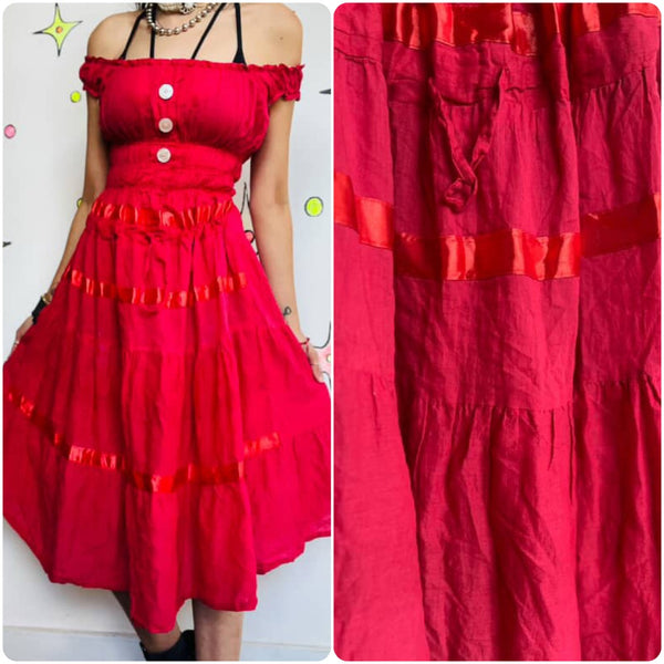 Vintage Red Off-Shoulder Boho Pirate Clown Dress – Flowy Cotton – Small