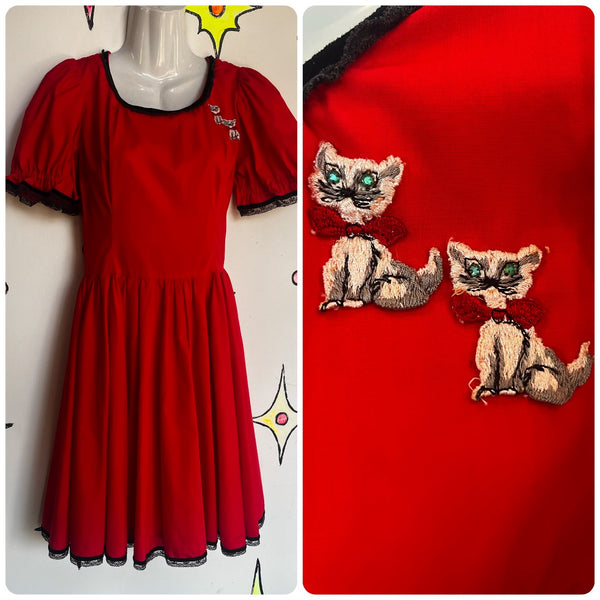 Vintage 1950s | Red Patio Dress Prairie Square Dancing Pearl Puff Sleeve | M L