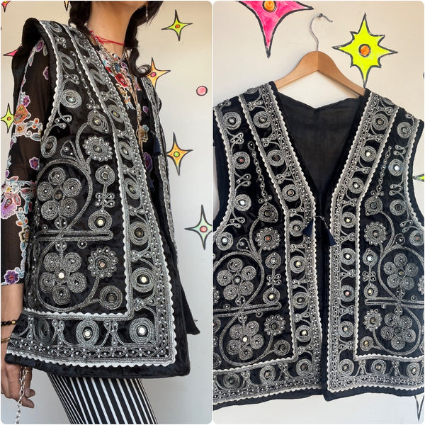 Vintage 60s 70s | Boho Grunge Fairy Metallic Embellished Mirrored Ottoman Vest