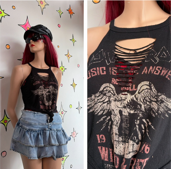Y2K Black Thrashed Grunge Goth Metal Tattoo Print Tee Tank Top S/M