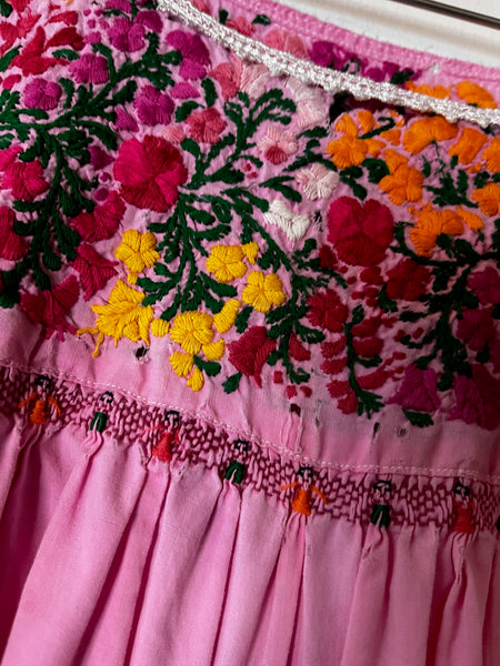 Vintage Boho Oaxacan Mexican Pink Huipil Dress - Hand Embroidered Floral M/L