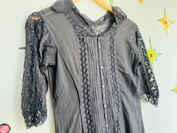Antique Cotton Lingerie Dress - Late 1900s – Early 1910s Black Lace Goth