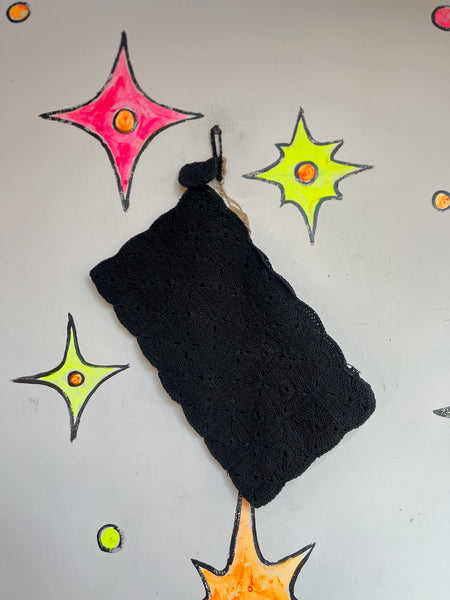 Vintage 1950s Black Crochet Clutch – Evening Bag Classic Cocktail Purse Handbag