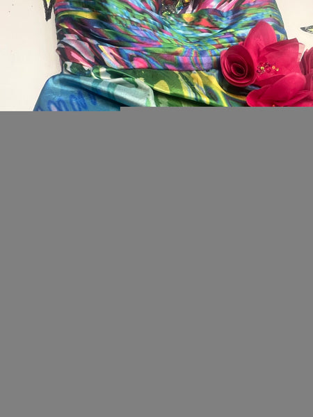 Y2K Bejeweled Peacock Prom Dress Maximalist Rainbow Hi-Low Glam Gown S