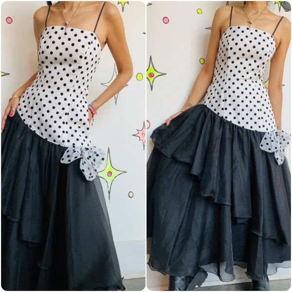 Vintage 80s does 40s | Black and White Polka Dot Prom Party Dress | Size 38