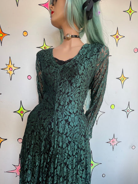 Vintage 90s Green Gauzy Lace Goth Dress Whimsy Goth Witchy Boho L