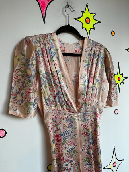 Antique Early 1900s Pink Silk Floral Robe - Rococo Victorian Loungewear - Small