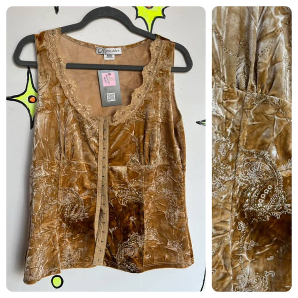 90s Velvet Gold Glitter Corset Top - Boho Paisley Whimsy Goth Fairy Grunge XL