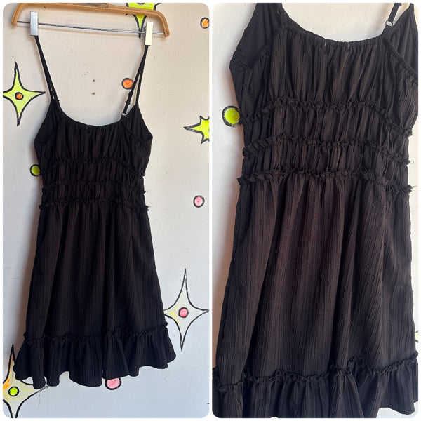 Black Lace Ruffle Mini Dress | Fairy Grunge Whimsy Goth Boho Western Dress M