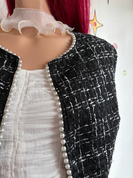 Y2K Tweed Cropped Blazer Black White Faux Pearl Trim Preppy Glam Coquette SM