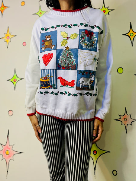 Vintage 80s 90s Tacky Ugly Christmas Patchwork Sweater – Holiday Party - M/L