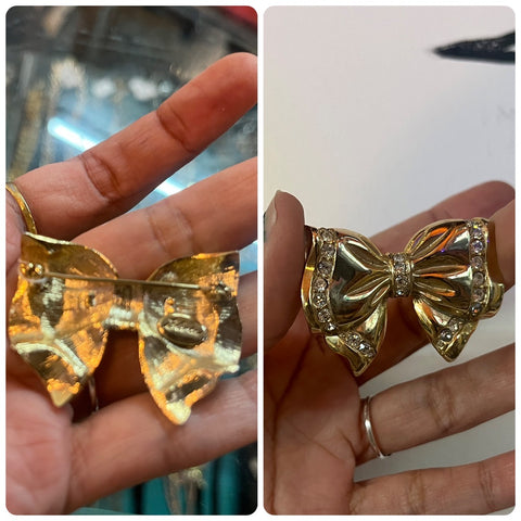 Vintage 50s Gold Bow Brooch - Fairycore Sparkly Rhinestone Pin