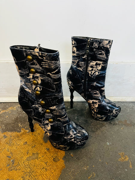 Too Fast X Ray Anatomy Skull Print Victorian Boot Rockabilly Pinup Goth - Size 8