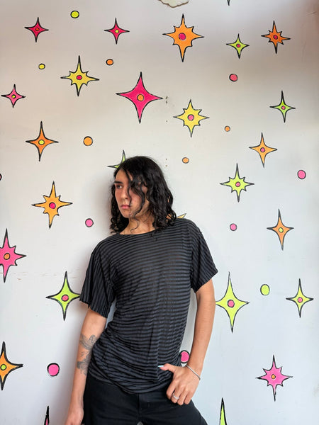 X-TACY Sheer Striped Tee Y2K Mall Goth Indie Sleaze Oversized T Shirt M