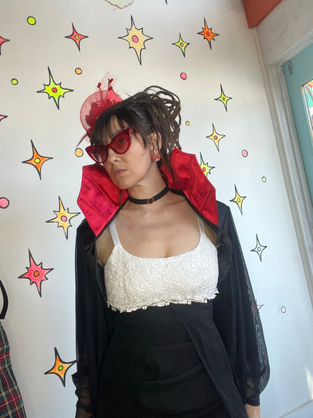Vampire Cape with Stand Up Red Collar – Black Sheer Bat Sleeves Goth Cosplay XL