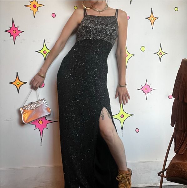 Vintage Black Silk Beaded Gown Glam Old Hollywood Formal Evening Dress M