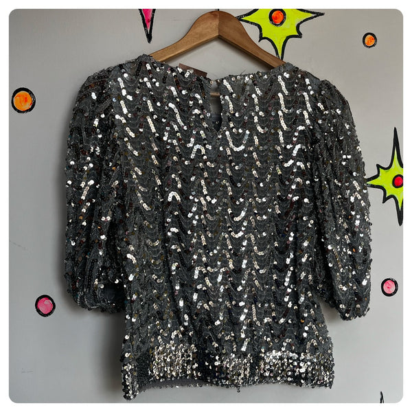 Vintage 70s 80s | Silver Sequin Disco Glam Dolman Sleeve Blouse Top | M