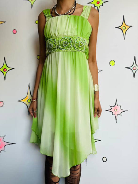 Y2K Pastel Green Fairy Boho Grunge Tinkerbell Princess Asymetric Mini Dress – S