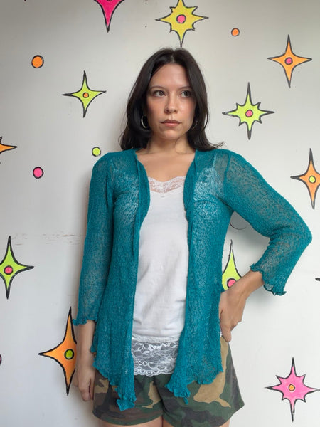 Y2K Teal Crochet Fairy Cardigan | Ethereal Whimsy Grunge Cyber Boho S