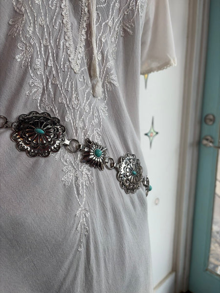 Silver Tone Concho Belt Western Boho Glam Heavy Texture Faux Turquoise | OS
