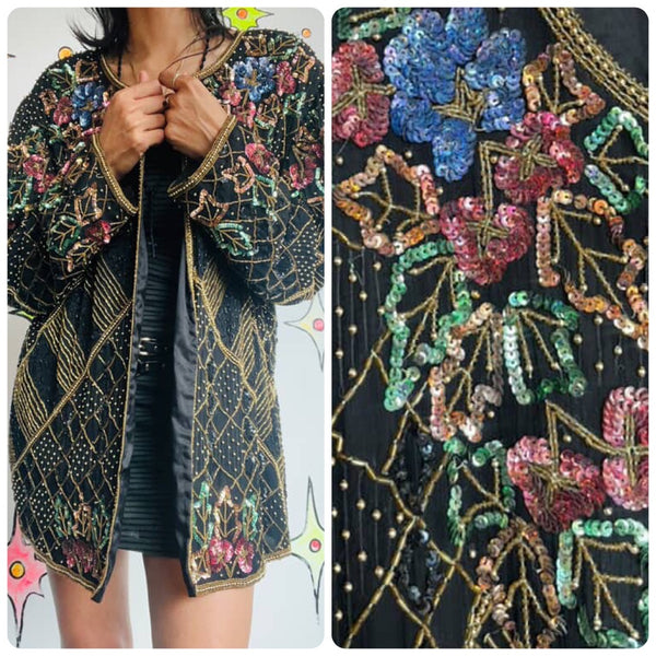 Vintage 80s Art Deco Silk Sequin Party Blouse Jacket – Lawrence Kazar XL