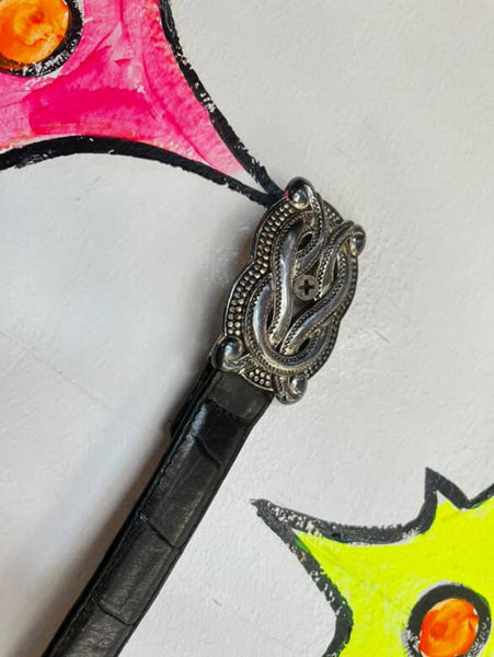 Vintage 90s Black Leather Western Belt - Silver Buckle & Embellishments - Size L