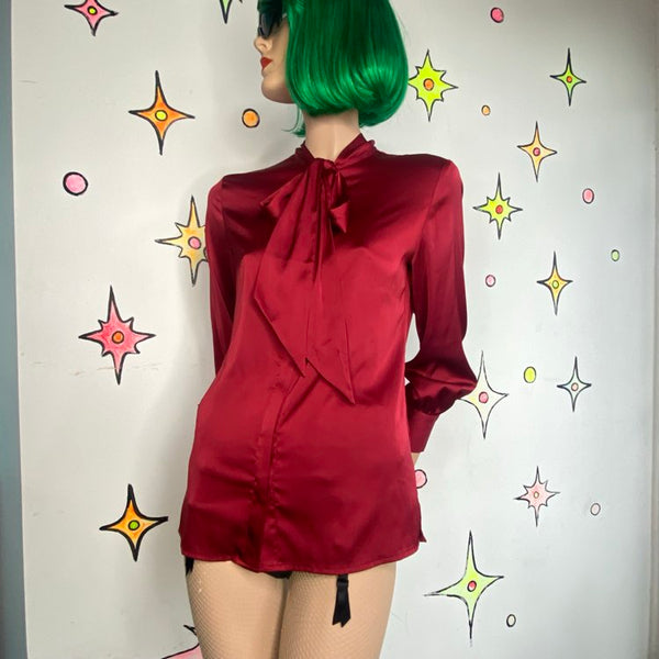 Red Secretary Bow Neck Blouse Dark Academia Button Down Top // XS