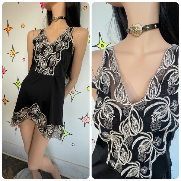 Black Slip Dress w Embroidered Lace – Grunge Lingerie Fairy Goth Party Mini S/M